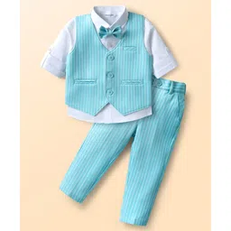 Mark & Mia Cotton Woven Full Sleeves Striped 3 Piece Party Suit with Bow - Aqua Blue-picture-20