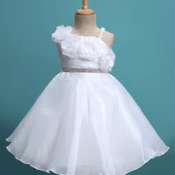 Babyhug Glass Nylon 5 Layers Sleeveless Party Dress With Floral Corsage & Embellished Waist Belt Detailing & Cotton Lining - White-picture-38
