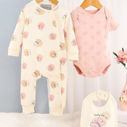 kookie kids india Kookie Kids Interlock Knit Full Sleeves Romper & Onesie with Bib & Butterfly Print - Multicolor-picture-14