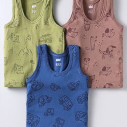 Simply Sinker Knit Sleeveless Vests With Animal & Vehicle Print Pack Of 3 - Navy Blue Green & Brown-picture-12