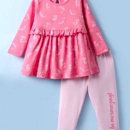 CUCUMBER Interlock Knit Full Sleeves Mermaid Printed Frock With Leggings - Pink-picture-46