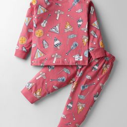 CUCUMBER Sinker Knit Full Sleeves Co-Ord Night Suit with Whimsical Print - Brick Red-picture-38