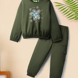Tiara Interlock Knit Full Sleeves Floral Threadwork Distressed Top & Joggers Set - Olive Green-picture-24