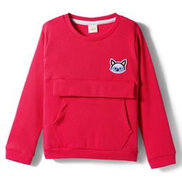 Olio Kids Knitted Full Sleeves Winter T-Shirt With Kangaroo Pockets & Fox Embroidery Patch - Dark Red-picture-14