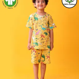 Anthrilo 100% Organic Cotton Knit Half Sleeves Dinosaur Printed Tee & Coordinating Shorts Set - Yellow-picture-19