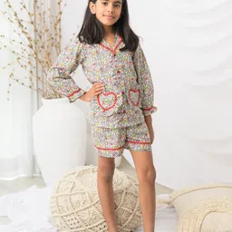 Fairies Forever Cotton Woven Full Sleeves Floral Printed Coordinating Shirt & Shorts Night Suit Set - Multi Colour-picture-30