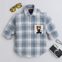 Polka Tots Cotton Woven Full Sleeves Bear Patch Detailed Checked Shirt - Blue-picture-36