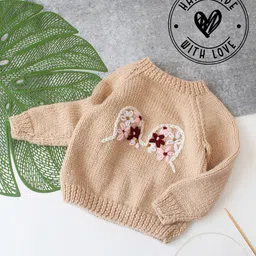 Woonie Hand Knit Full Sleeves Floral Embroidered Sweater - Beige-picture-27