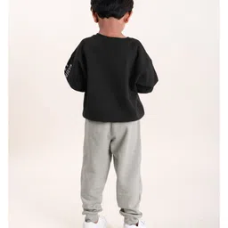 Kiddopanti Fleece Full Sleeves Brand Name Printed Hooded Sweatshirt With Solid Joggers Set - Black & Grey Melange image 3