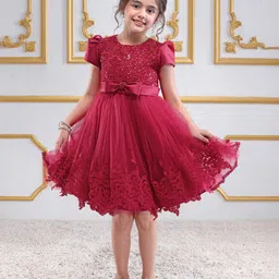 Mark & Mia Woven Puffed Sleeves Party Dress with Sequin Bow Applique & Crochet Detailing - Maroon image 2