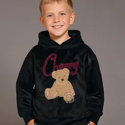 Cherry Crumble By Nitt Hyman Knit Full Sleeves Teddy Bear Patch Detailed Unisex Winter Hoodie - Black image 4