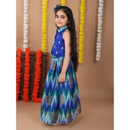 Kinder Kids Cotton Sleeveless Floral Embroidered & Abstract Printed Top & Lehenga Set - Blue image 5