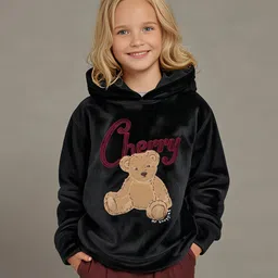 Cherry Crumble By Nitt Hyman Knit Full Sleeves Teddy Bear Patch Detailed Unisex Winter Hoodie - Black image 5