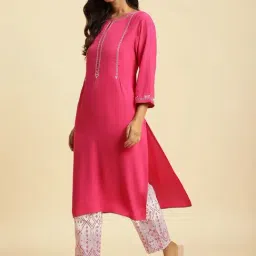 W Pink Embroidered Straight Kurta image 5