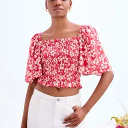 Cover Story Red & White Floral Print Crop Top-image-17