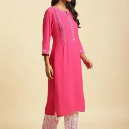 W Pink Embroidered Straight Kurta image 3