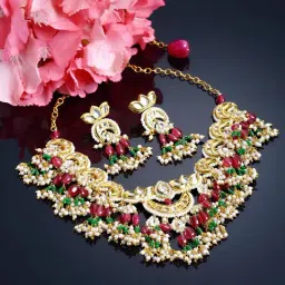 Dugran By Dugristyle Red & Green Necklace Set with Kundan, Pearls and Coloured Stones-picture-33