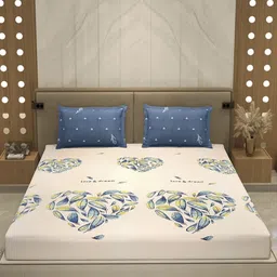 Monte Carlo Beige & Blue Printed Cotton 110 TC Queen Bedsheet Set 2.24 m x 2.54 m image 3
