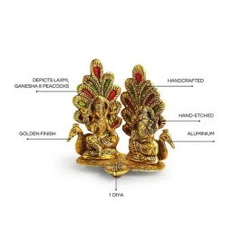 ExclusiveLane Golden Aluminium Laxmi Ganesh & Peacock Idol With Diya image 5