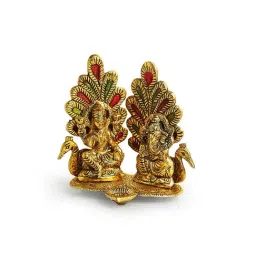 ExclusiveLane Golden Aluminium Laxmi Ganesh & Peacock Idol With Diya image 2