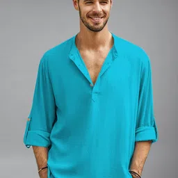 BHUVIKOO Band Collar Roll-Up Sleeves Short Kurta-image-42