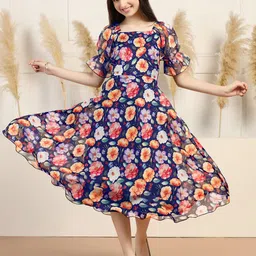 OMPAX Girls Floral Printed Puff Sleeve Square Neck Fit & Flare Midi Dress-picture-14