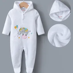 Kookie Kids Full Sleeves Winter Wear Hooded Romper with Elephant Embroidery - White-picture-19
