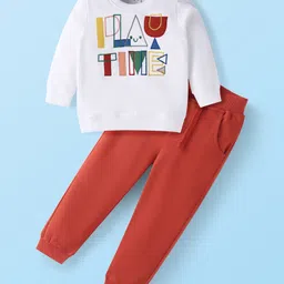 Babyhug Terry Knit Full Sleeves Text Embroidered T-Shirt & Joggers Set - Red & White-picture-37
