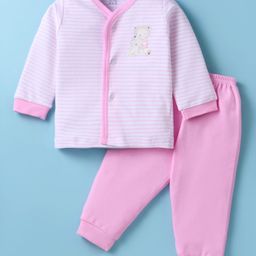 Zero Interlock Knit Full Sleeves Striped Night Suit with Bear Print - Pink-picture-48