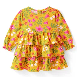 Babyhug Cotton Knit Full Peasant Sleeves Floral Printed Layered Frock & Bow Applique- Yellow-picture-26