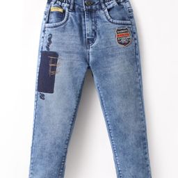 Olio Kids Full Length Washed Denim Jeans with Text Embroidery & Patch - Light Blue-picture-49