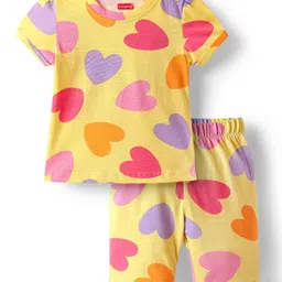 Babyhug Cotton Knit Half Sleeves Capri Night Suit Hearts Print - Light Yellow-picture-19