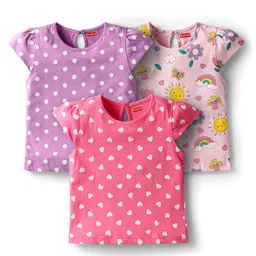 Babyhug Cotton Knit Cap Sleeves T-Shirts with Hearts & Polka Dots Print Pack of 3 - Pink & Lavender-picture-21