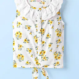 Babyhug Swiss Dobby Woven Frill Sleeves Floral Printed Knotted Top with Chifilli Detailing - White-picture-15