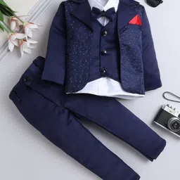 Fourfolds Full Sleeves Solid Short With Embellished Blazer Trousers & Bow Set - Navy Blue-picture-22