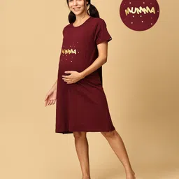 The Mom Store Half Sleeves Mumma Text Foil Printed Oversized Maternity Dress - Maroon-picture-23