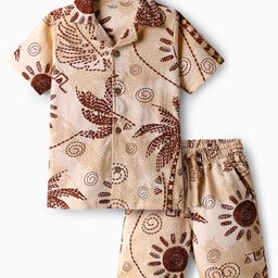 OLLINGTON ST. Cotton Knit Co-Ord Set of Tropical Theme Printed Half Sleeves Shirt & Shorts - Multicolor-picture-47