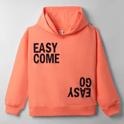 Olio Kids Looper Knit Full Sleeves Hooded Winter T-Shirt With Easy Come Text Print -Coral-picture-13