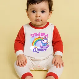 The Peppy Tend 100% Cotton Knit Full Sleeves Drama Queen Text & Baby Unicorn Printed Romper - White & Red-image-54