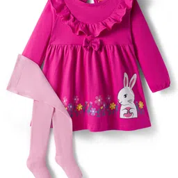 Babyhug Cotton Woven Full Sleeves Frock & Legging With Animal Print & Frill Detailing - Dark Pink & Pink-picture-35