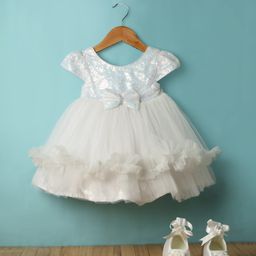 Babyhug Woven Cap Sleeves Sequinned Yoke Mesh Party Dress with Bow Applique Headband & Booties - White-picture-21