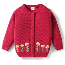 Babyhug Knit Full Sleeves Front Open Sweater with Floral Embroidery - Red-picture-18