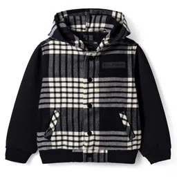 Ruff 100% Cotton Jacquard knit Full Sleeves Hooded Checks Shirt - Black-picture-21