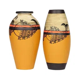 AAKRITI ART CREATIONS Vase Earthen Yellow Madhubani with Fish Motifs (Set of 2)-picture-11