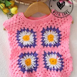 Woonie Hand Knit Sleeveless Floral Designed Crochet Sweater - Pink-image-82