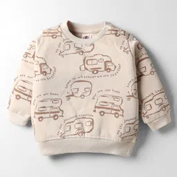 Zero Fleece Knit Full Sleeves Co-ords Winter Wear Sweatshirt & Lounge Pant Set with Vehicle Print - Beige image 2