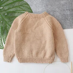 Woonie Hand Knit Full Sleeves Floral Embroidered Sweater - Beige image 3