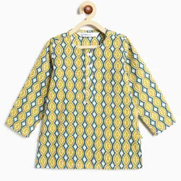 Campana 100% Cotton Woven Full Sleeves Abstract Printed Dhoti Kurta Set - Mustard & Blue image 4