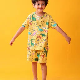 Anthrilo 100% Organic Cotton Knit Half Sleeves Dinosaur Printed Tee & Coordinating Shorts Set - Yellow image 5