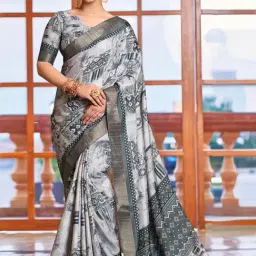 Satrani Grey Silk Geometric Print Saree With Unstitched Blouse-image-24